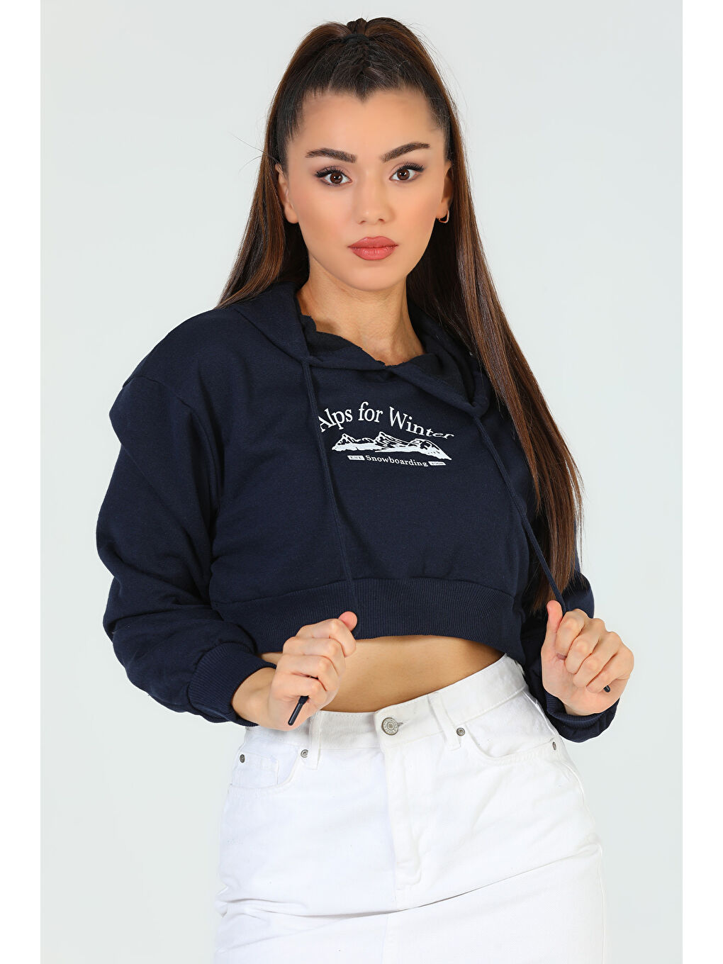 GÜLSELİ Lacivert Kadın Kapüşonlu Baskılı Sweatshirt