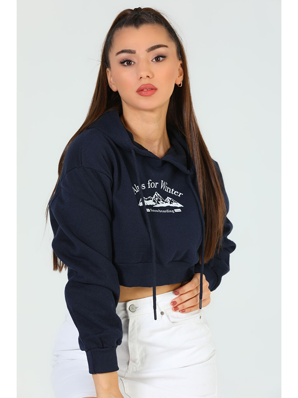 GÜLSELİ Lacivert Kadın Kapüşonlu Baskılı Sweatshirt - 1