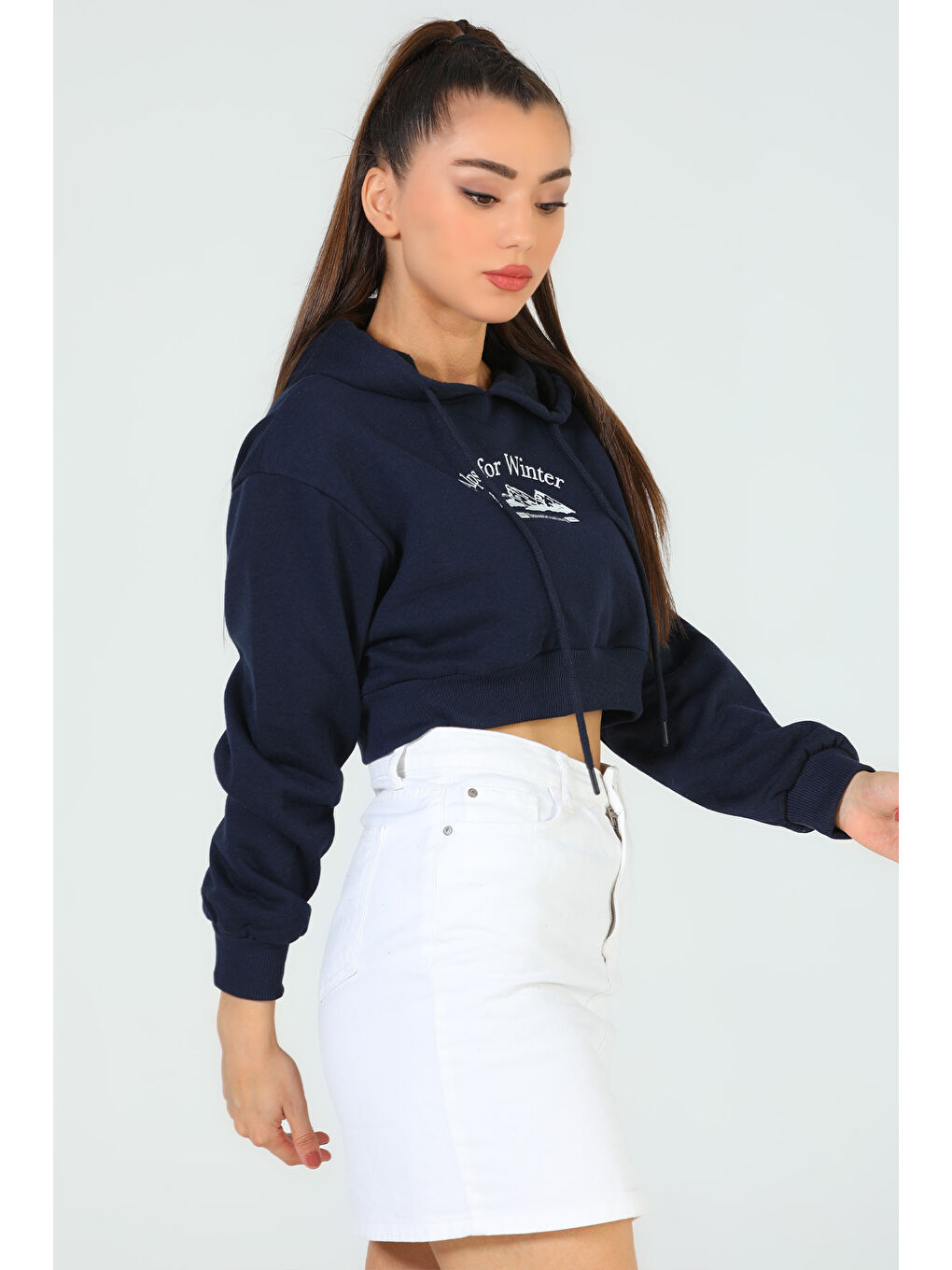 GÜLSELİ Lacivert Kadın Kapüşonlu Baskılı Sweatshirt - 3