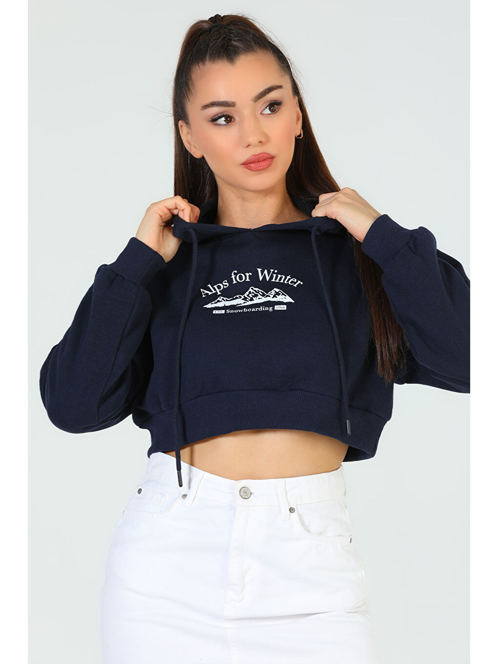 GÜLSELİ Lacivert Kadın Kapüşonlu Baskılı Sweatshirt - 4