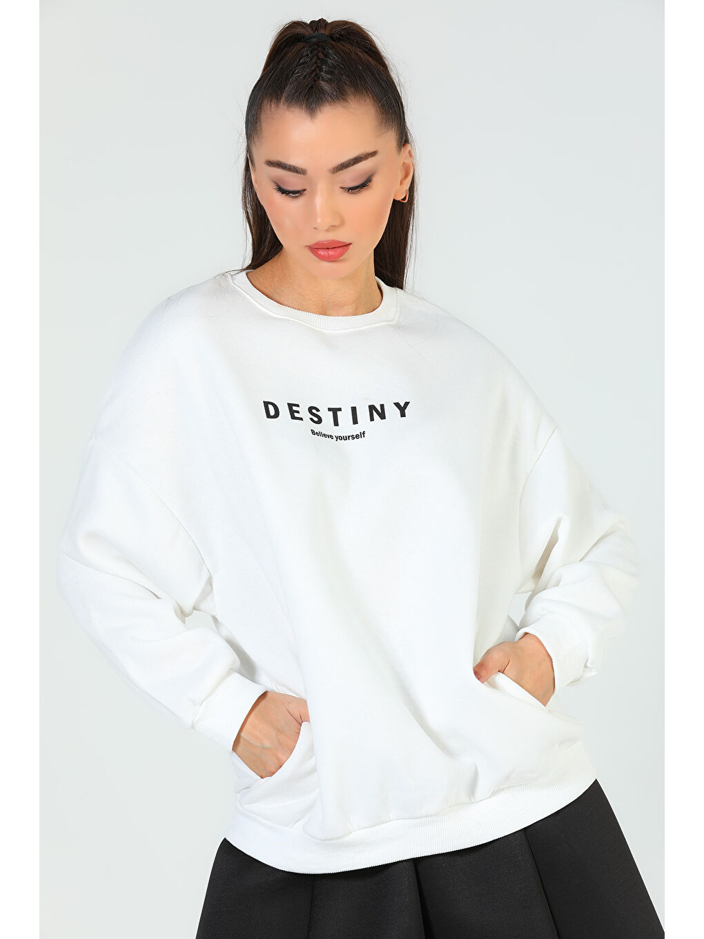 GÜLSELİ Ekru Kadın Baskılı Şardonlu Üç İplik Sweatshirt - 4