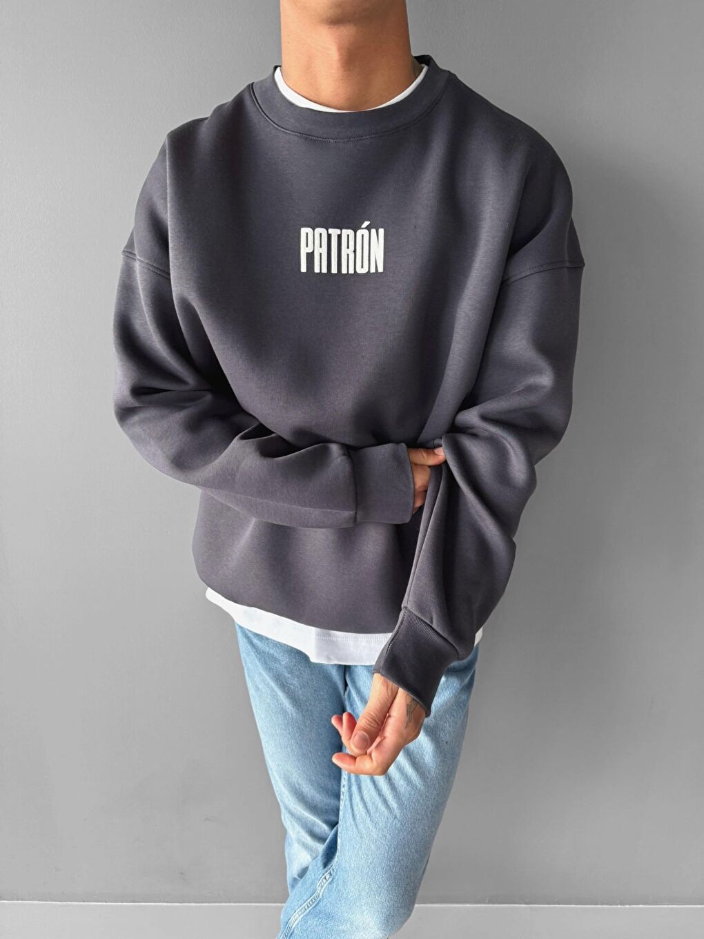 ablukaonline Erkek Oversize Patrón Baskılı Premium Sweatshirt Antrasit