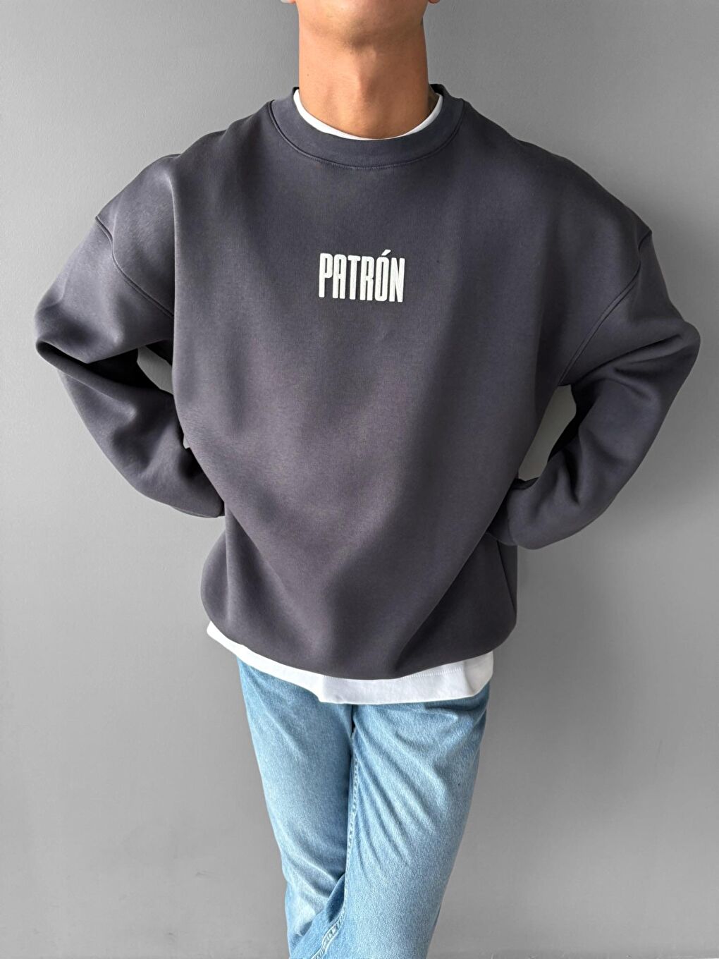 ablukaonline Erkek Oversize Patrón Baskılı Premium Sweatshirt Antrasit - 2