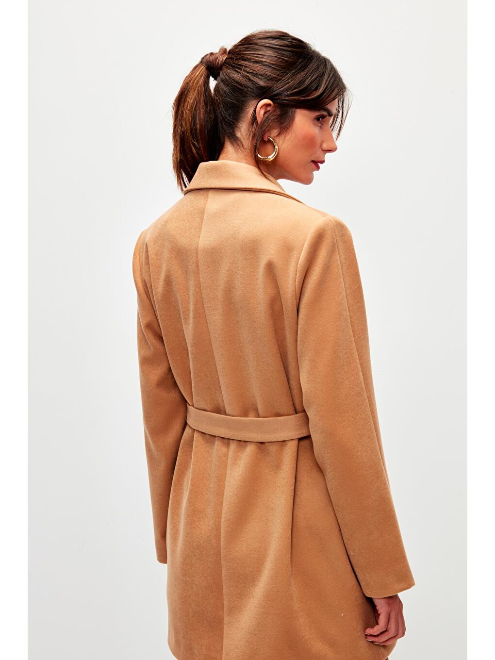 Kahverengi Düz Renk Kuşaklı Kruvaze Yaka Kaban-Taba-4