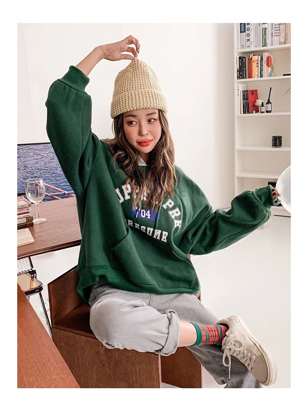 Trendseninle Kadın Yeşil Suppose Baskılı Oversize Sweatshirt