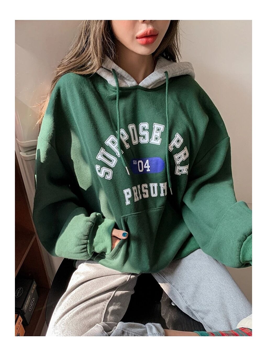 Trendseninle Kadın Yeşil Suppose Baskılı Oversize Sweatshirt - 1