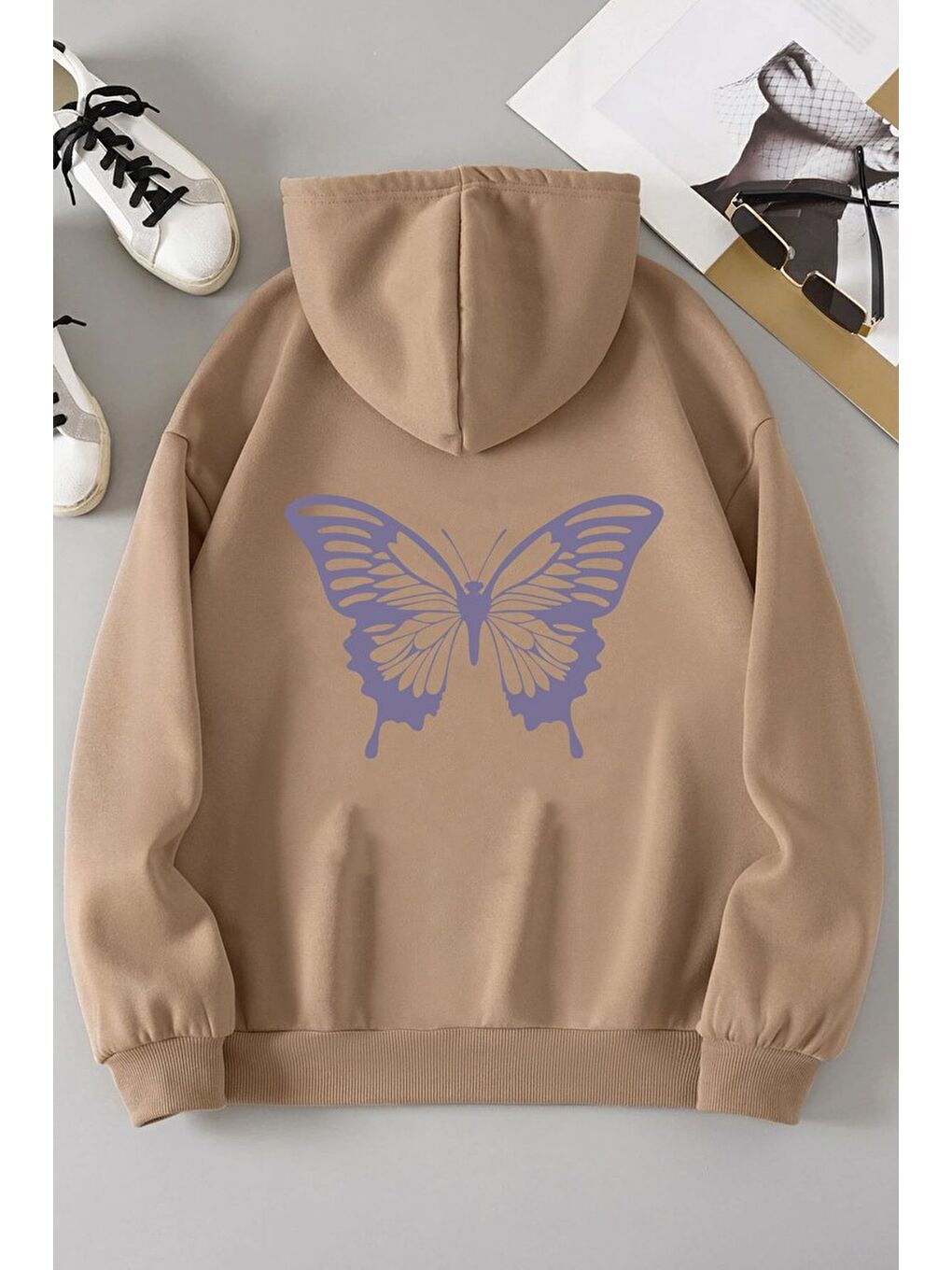 uyguntarz Bej Unisex Butterfly Baskılı Sweatshirt