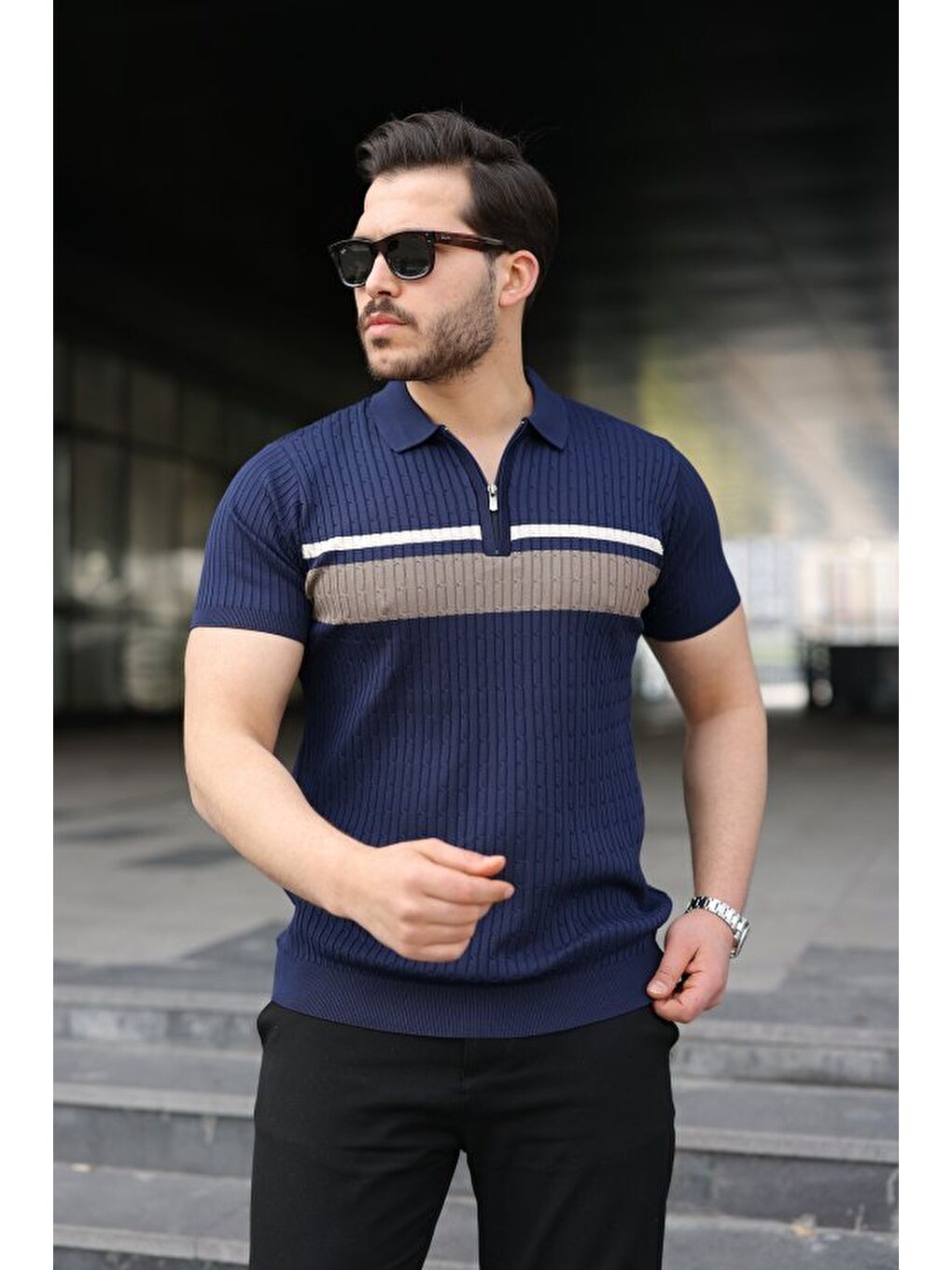 Lacivert Erkek Örgü Desenli Renkli Kısa Kollu Triko Tişört