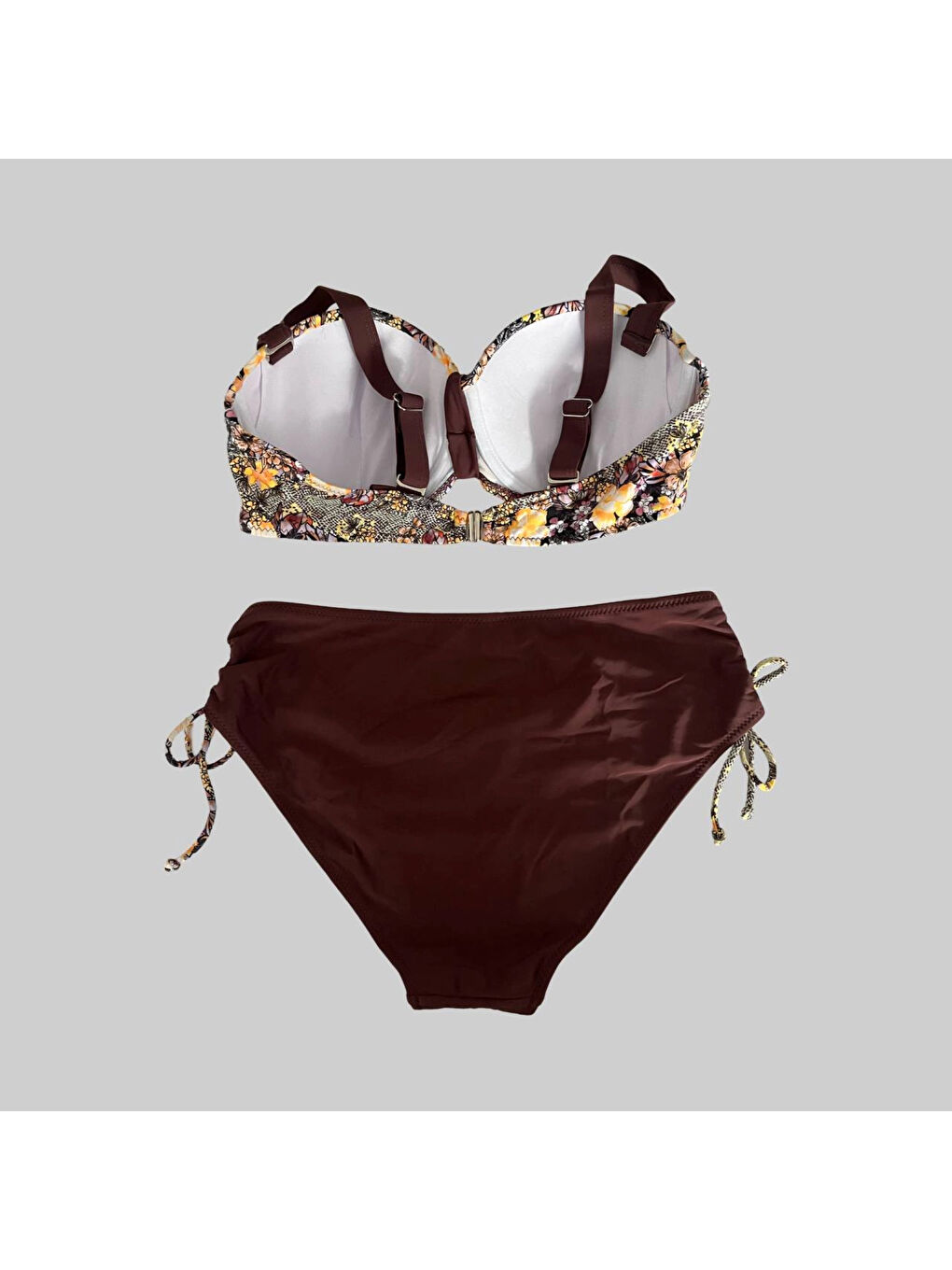 Kahverengi Kadın Kahve Çiçek Desenli Büyük Beden Astarlı Lacivert Bikini Takım HZL25S-LC3301-2
