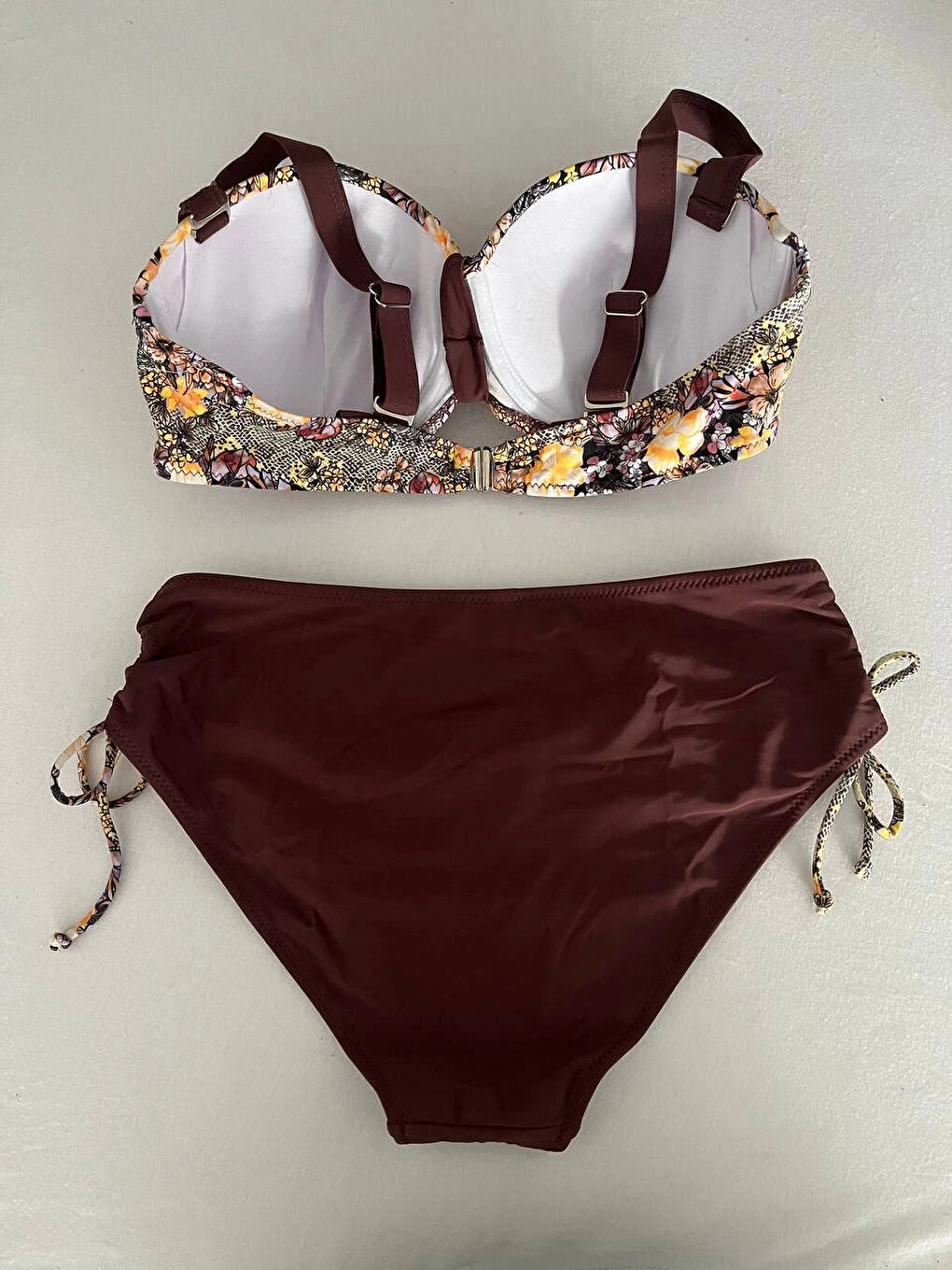 Kahverengi Kadın Kahve Çiçek Desenli Büyük Beden Astarlı Lacivert Bikini Takım HZL25S-LC3301-3