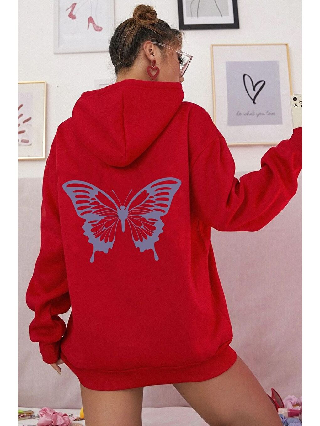 uyguntarz Kırmızı Unisex Butterfly Baskılı Sweatshirt