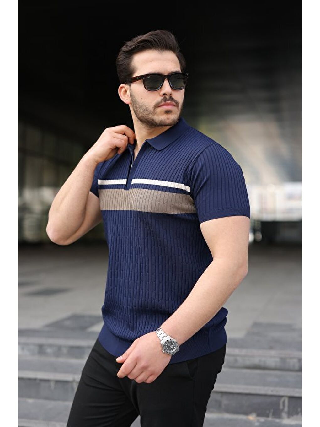 Lacivert Erkek Örgü Desenli Renkli Kısa Kollu Triko Tişört-1
