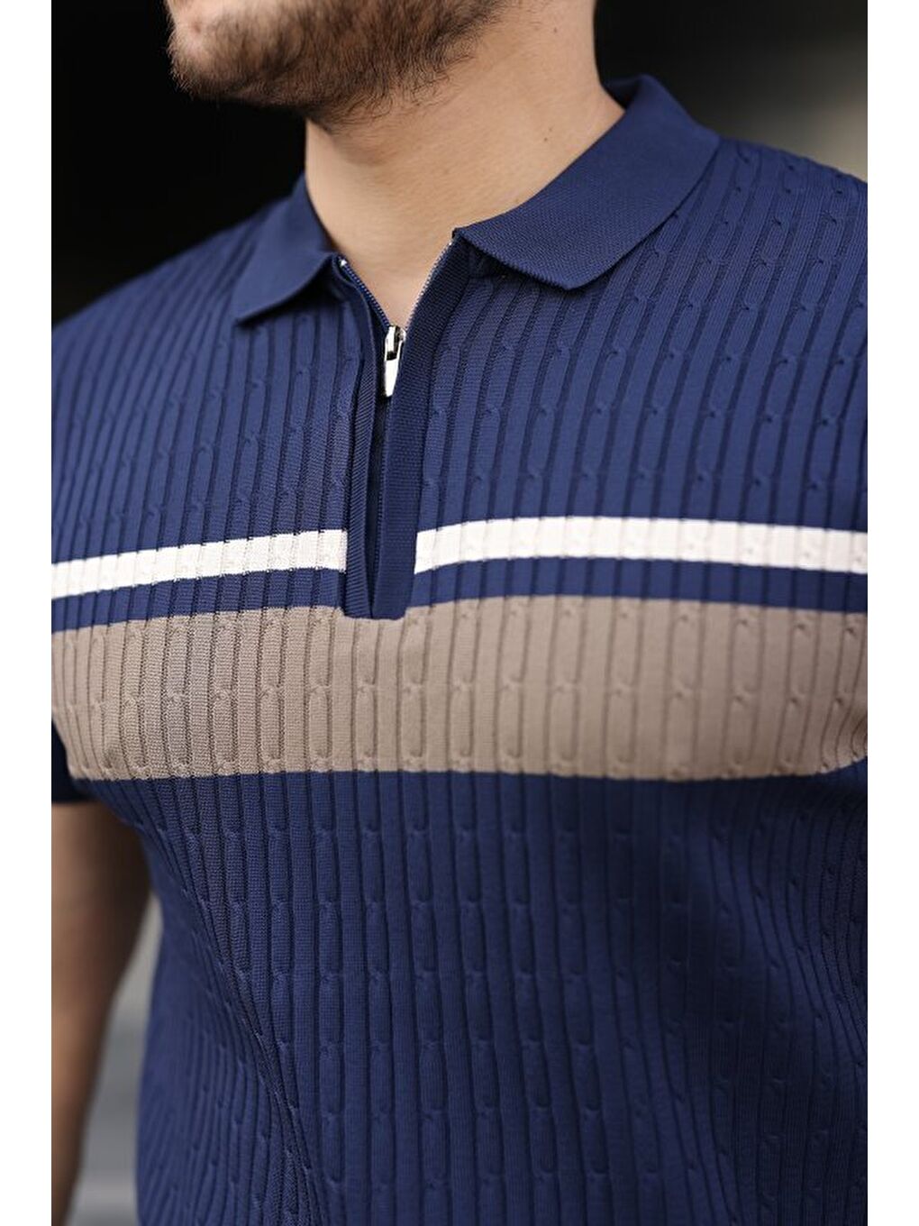 Lacivert Erkek Örgü Desenli Renkli Kısa Kollu Triko Tişört-2