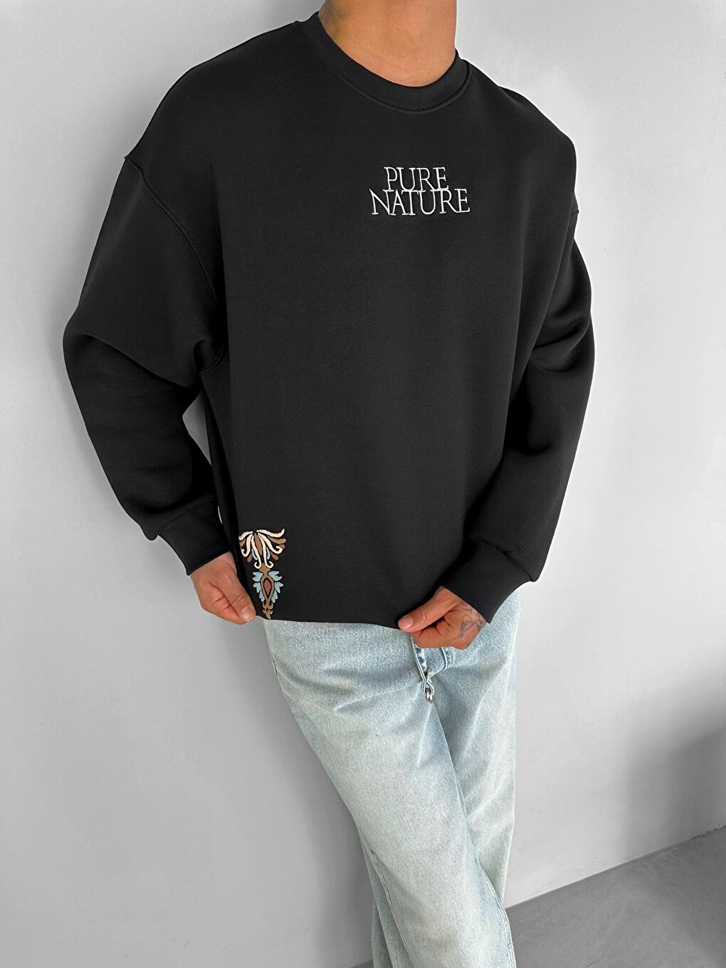 ablukaonline Erkek Oversize Yuvarlak Yaka Nakışlı  Sweatshirt Siyah - 1