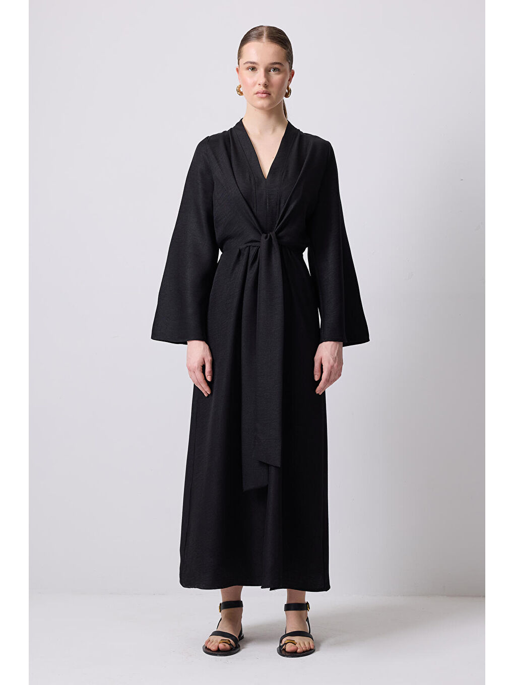 Siyah Beli Bağlamalı Kimono Kol Elbise