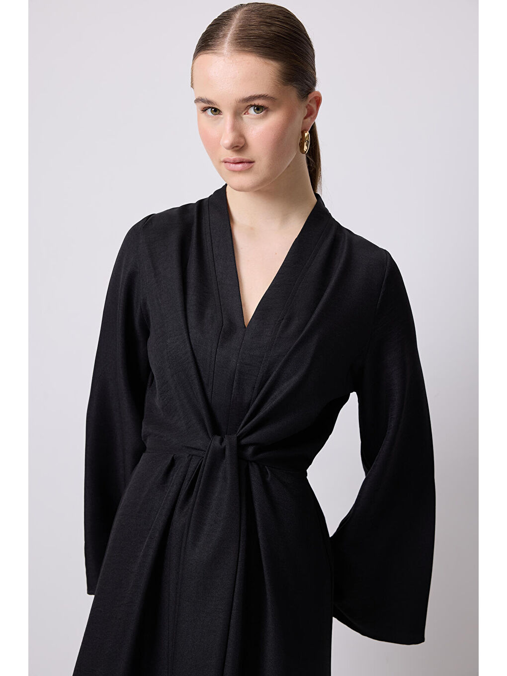 Siyah Beli Bağlamalı Kimono Kol Elbise-1