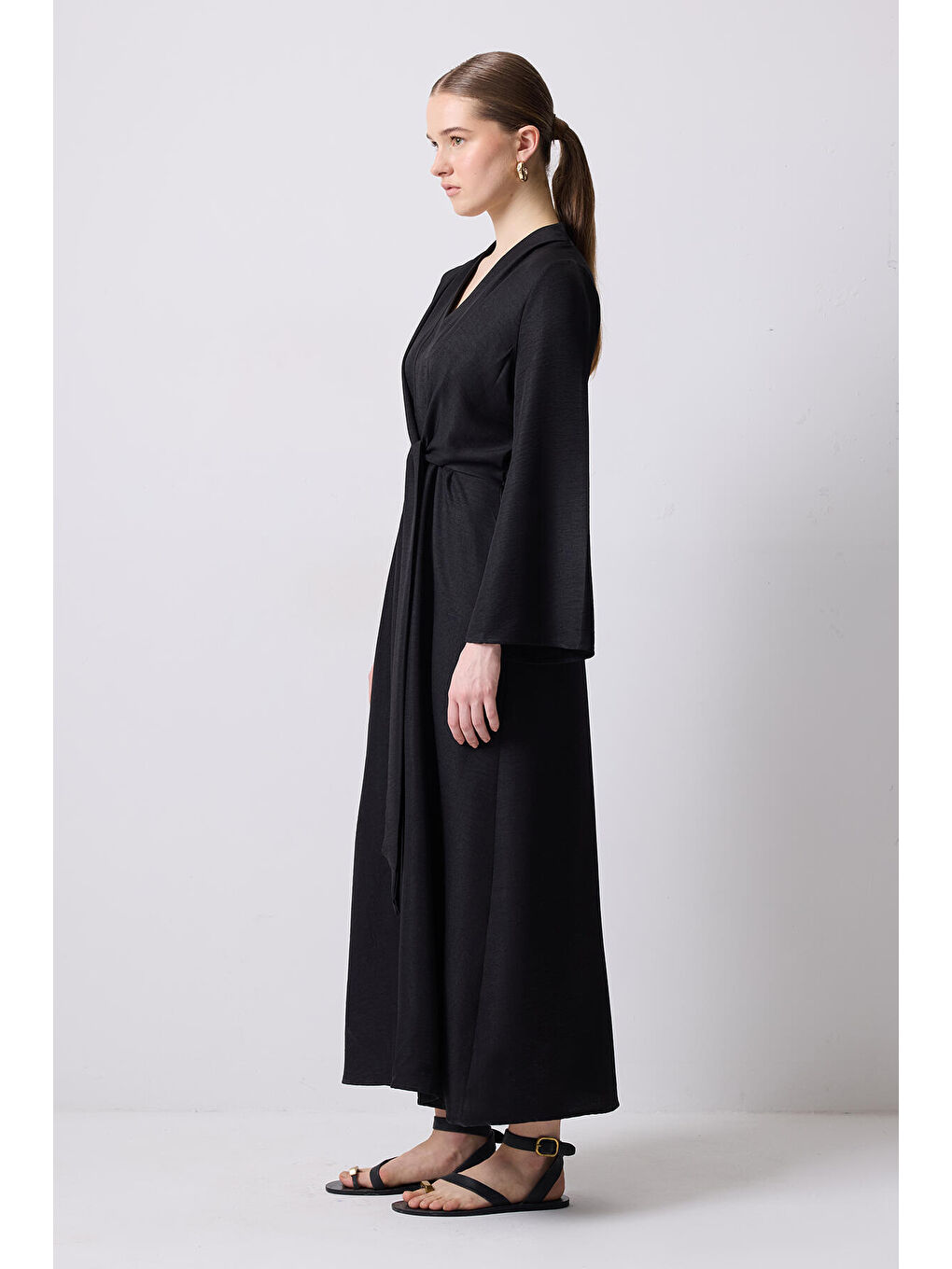 Siyah Beli Bağlamalı Kimono Kol Elbise-2