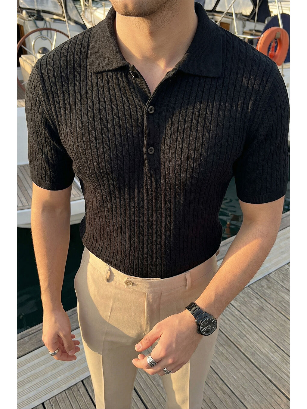 Siyah Tangi Premium Pamuk Slim Fit Polo Yaka Erkek Triko Tişört