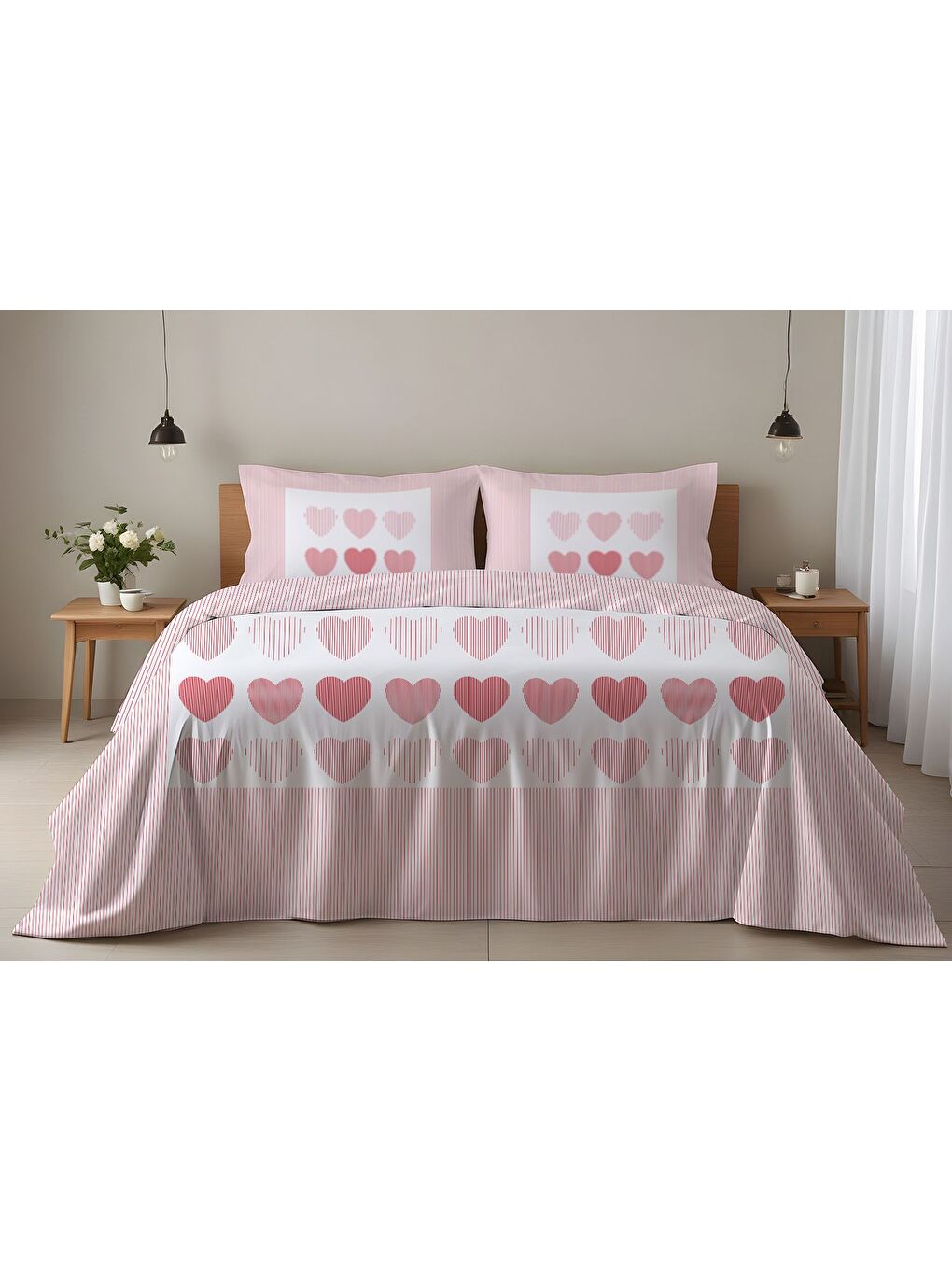 Karışık Sevgililer Günü Özel Çift Kişilik Flanel Nevresim Takımı 200x220 cm Çift Taraf Baskılı