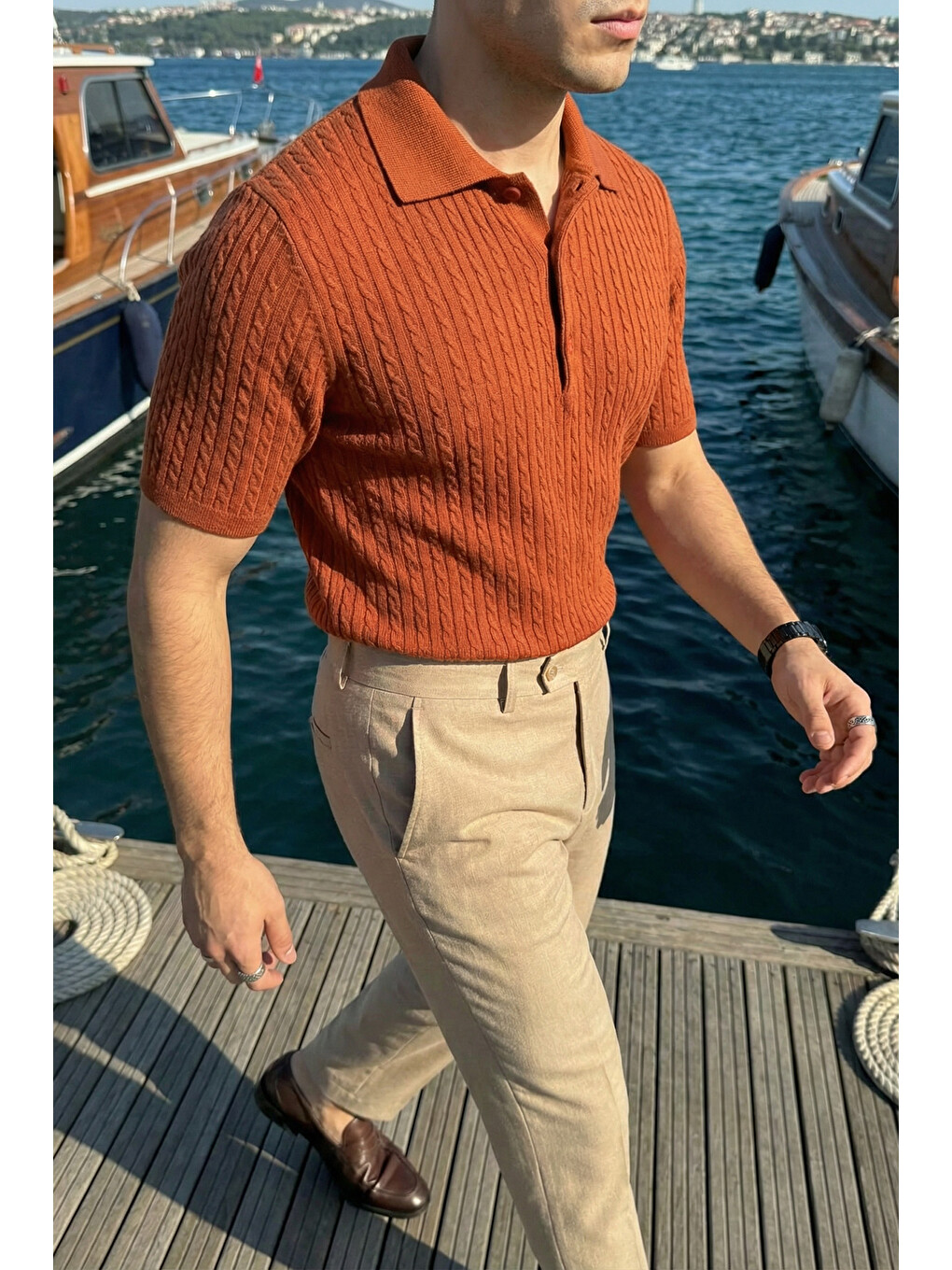 Turuncu Tangi Premium Pamuk Slim Fit Polo Yaka Erkek Triko Tişört-3