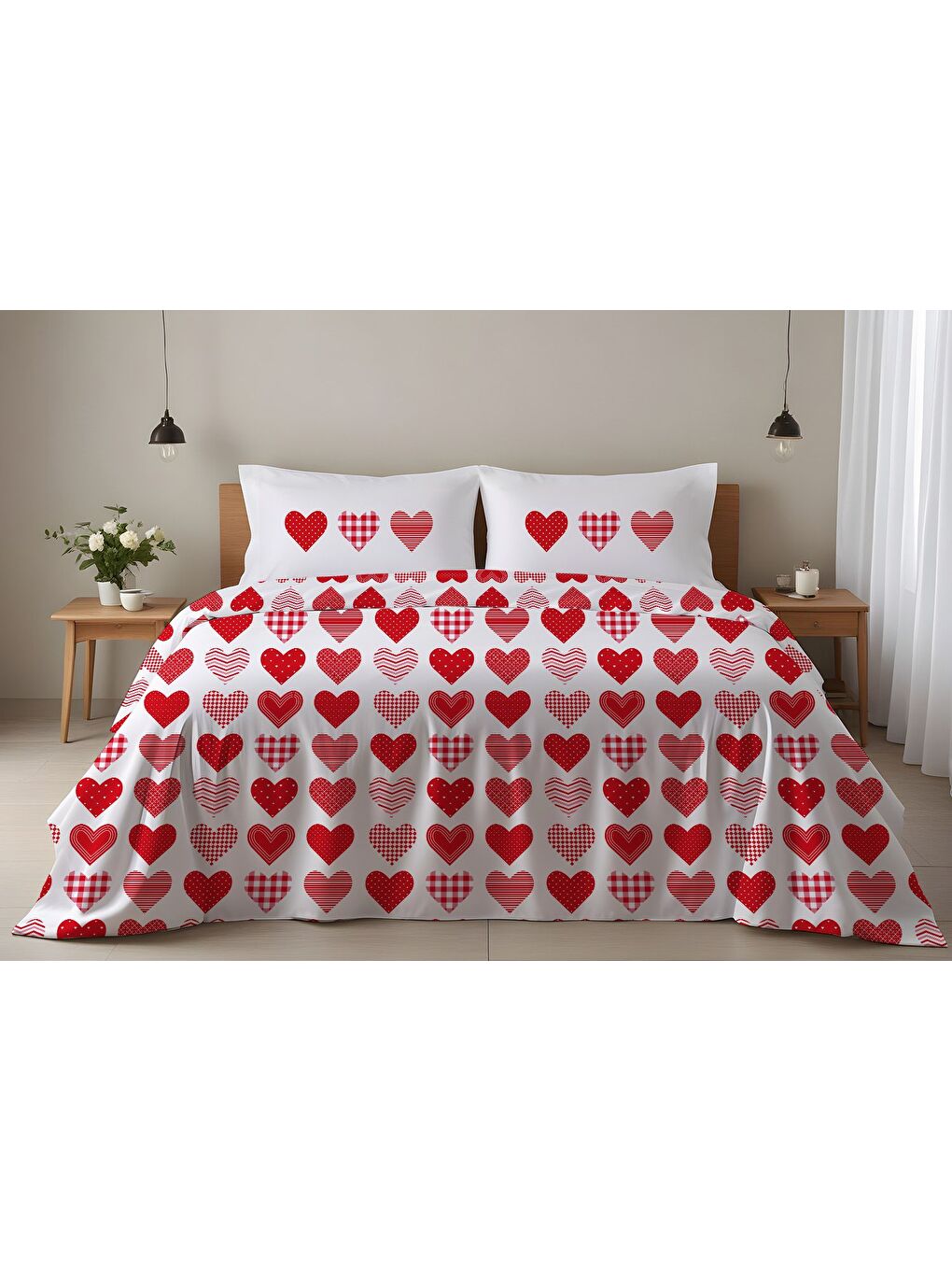 Karışık Sevgililer Günü Özel Çift Kişilik Pamuklu Nevresim Takımı 200x220 cm Çift Taraf Baskılı