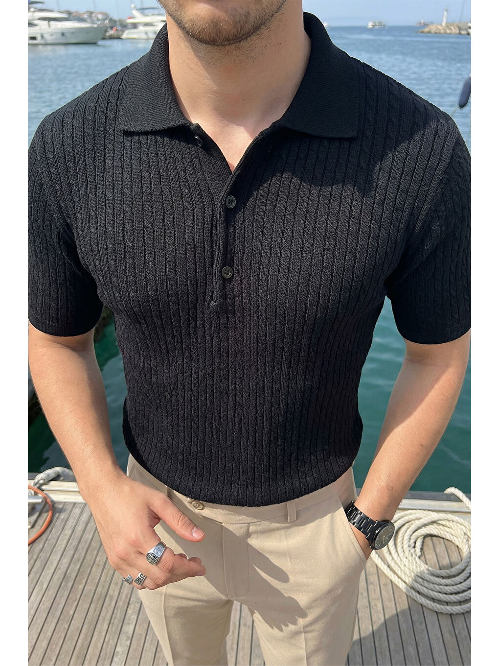 Siyah Tangi Premium Pamuk Slim Fit Polo Yaka Erkek Triko Tişört-1