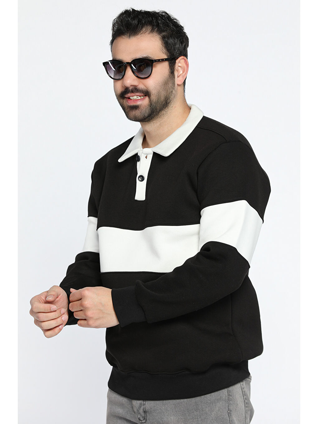 Mishar İtalia Siyah Erkek Polo Yaka Şerit Detaylı Üç İplik Şardonlu Sweatshirt