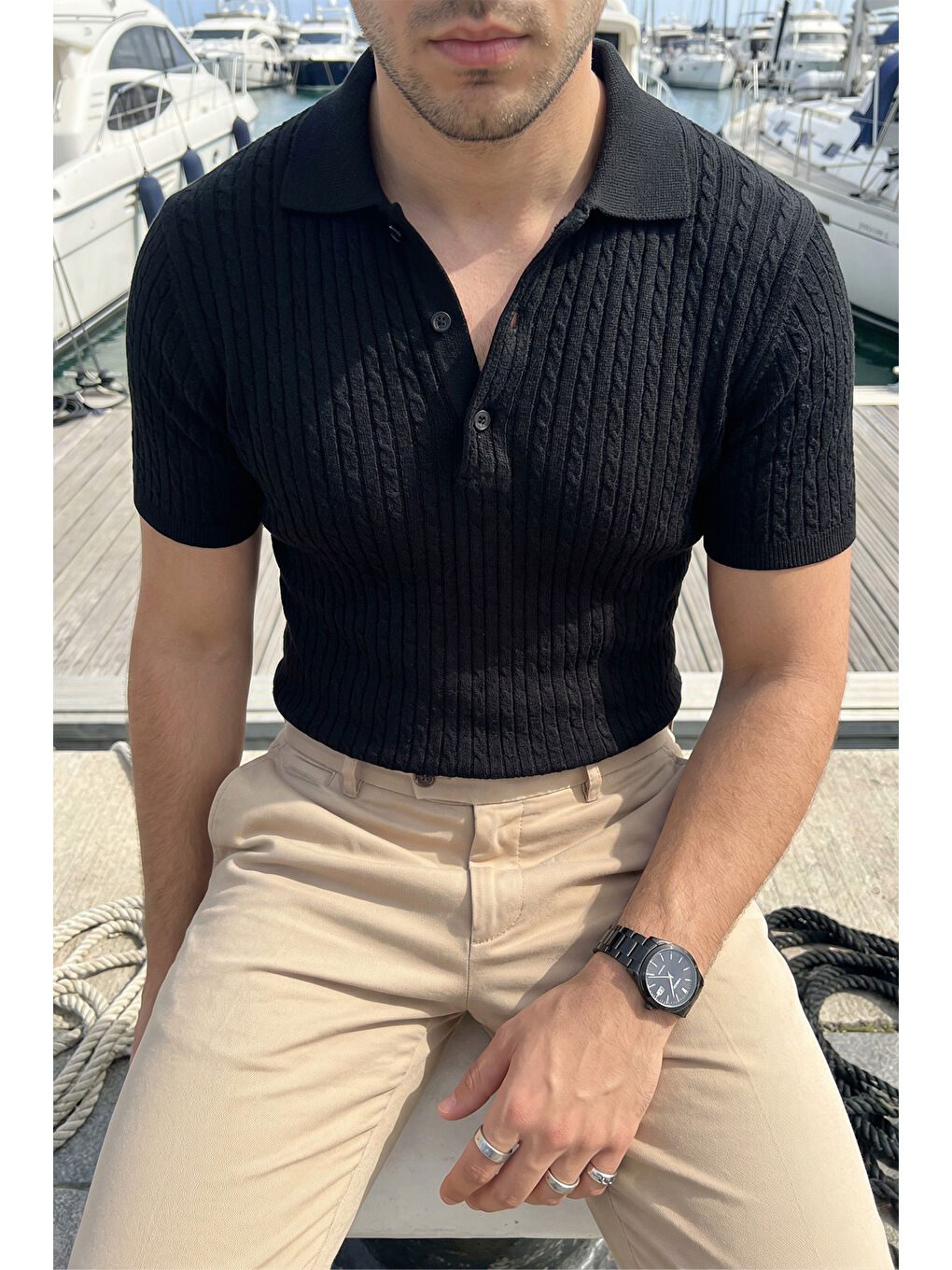 Siyah Tangi Premium Pamuk Slim Fit Polo Yaka Erkek Triko Tişört-2