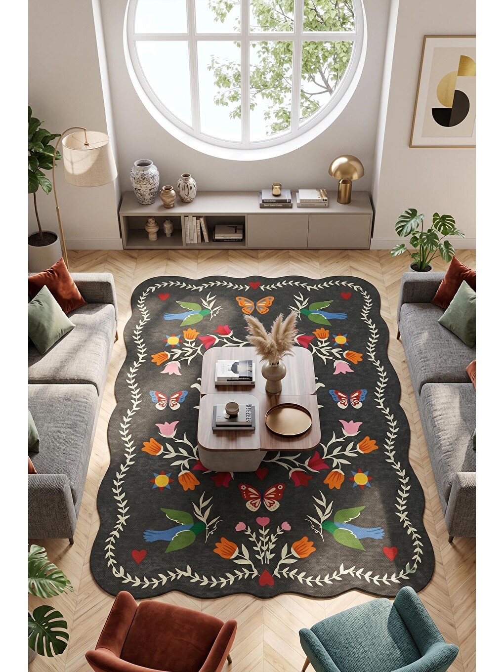 Siyah Modern Dekoratif Halı – Makinada Yıkanabilir, Kaymaz Taban, İnce Lazer Kesim Halı-2