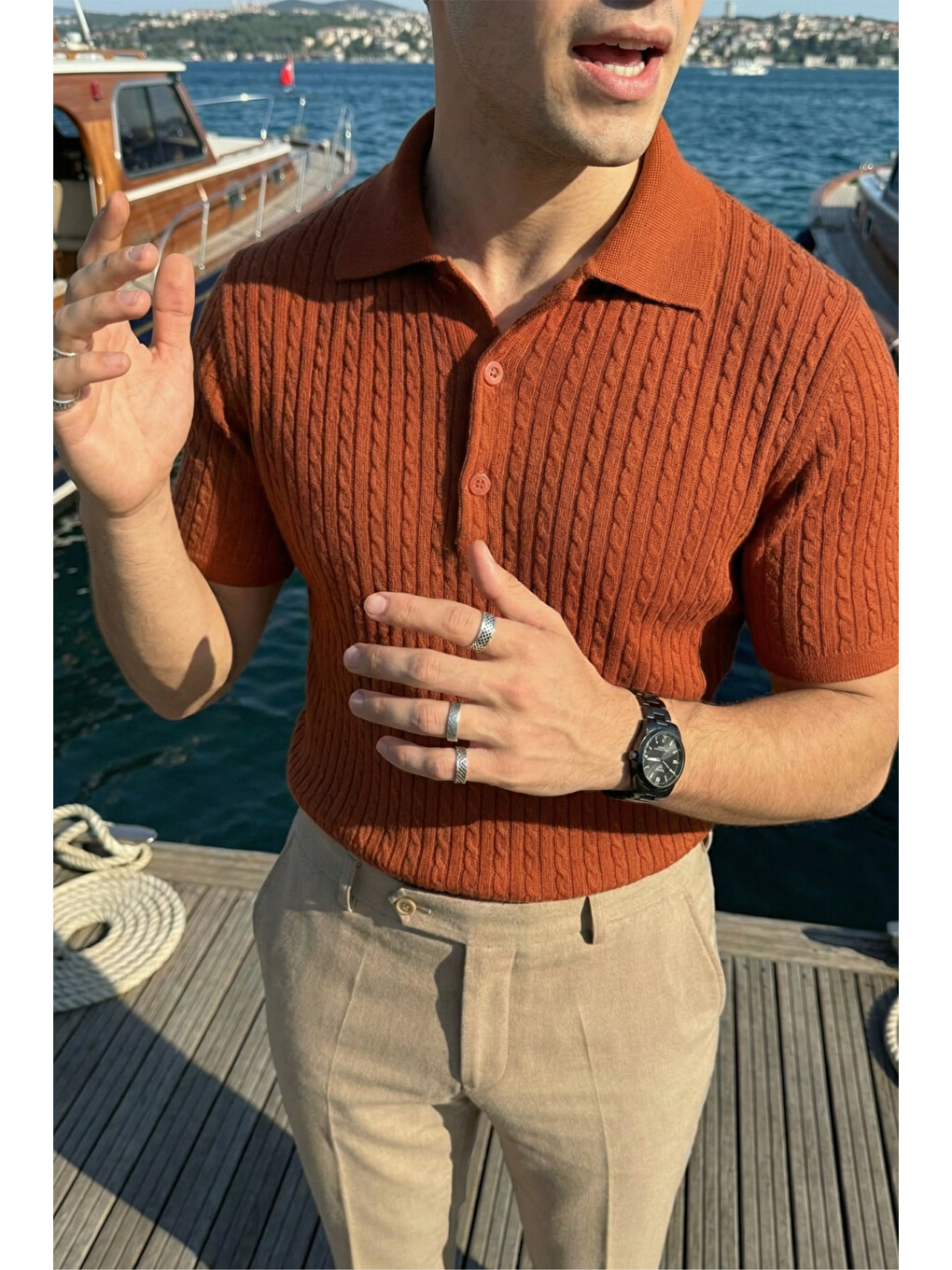 Turuncu Tangi Premium Pamuk Slim Fit Polo Yaka Erkek Triko Tişört-4