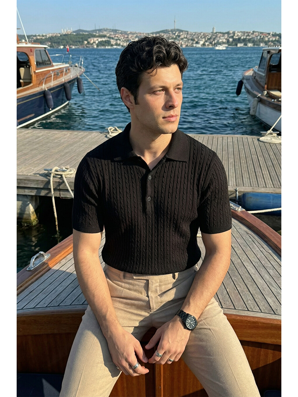 Siyah Tangi Premium Pamuk Slim Fit Polo Yaka Erkek Triko Tişört-4