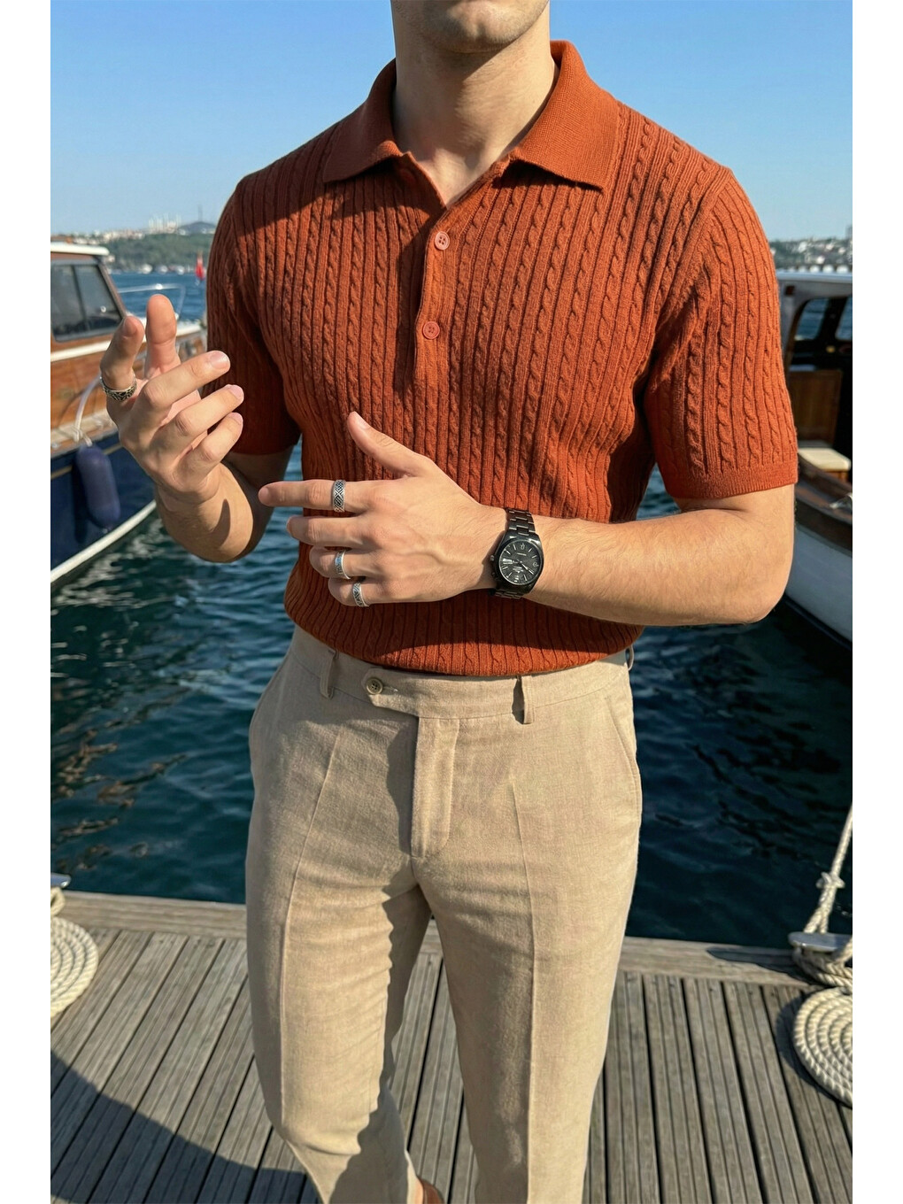 Turuncu Tangi Premium Pamuk Slim Fit Polo Yaka Erkek Triko Tişört-5