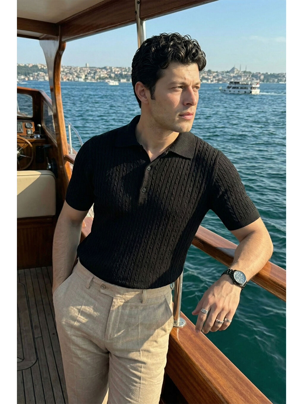 Siyah Tangi Premium Pamuk Slim Fit Polo Yaka Erkek Triko Tişört-5
