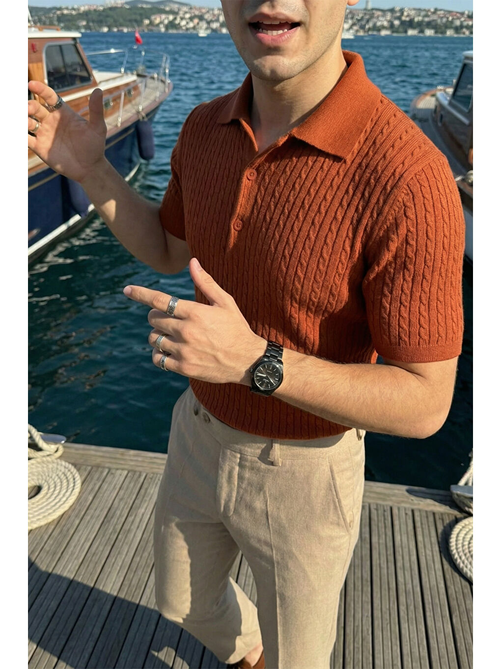 Turuncu Tangi Premium Pamuk Slim Fit Polo Yaka Erkek Triko Tişört-6