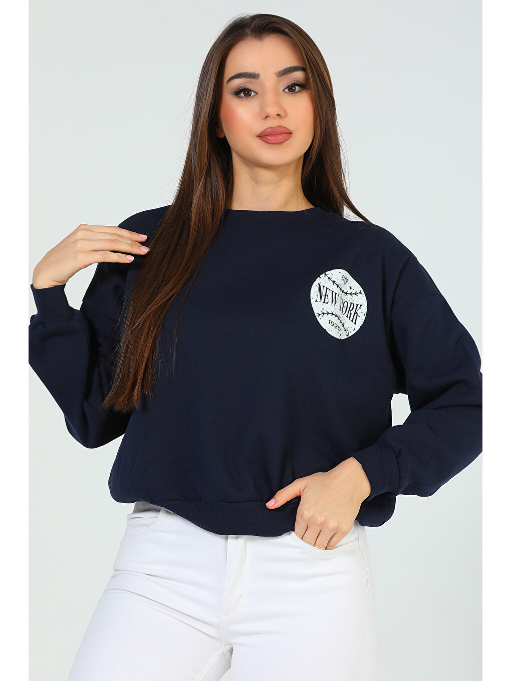 Lacivert Kadın Şardonlu Baskılı Sweatshirt
