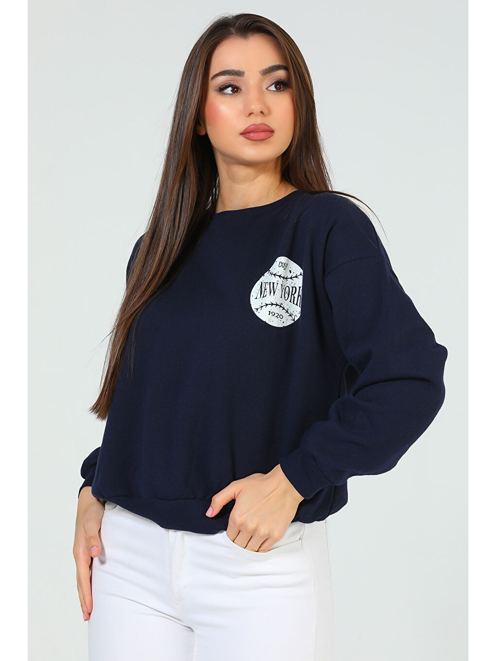 Lacivert Kadın Şardonlu Baskılı Sweatshirt-1