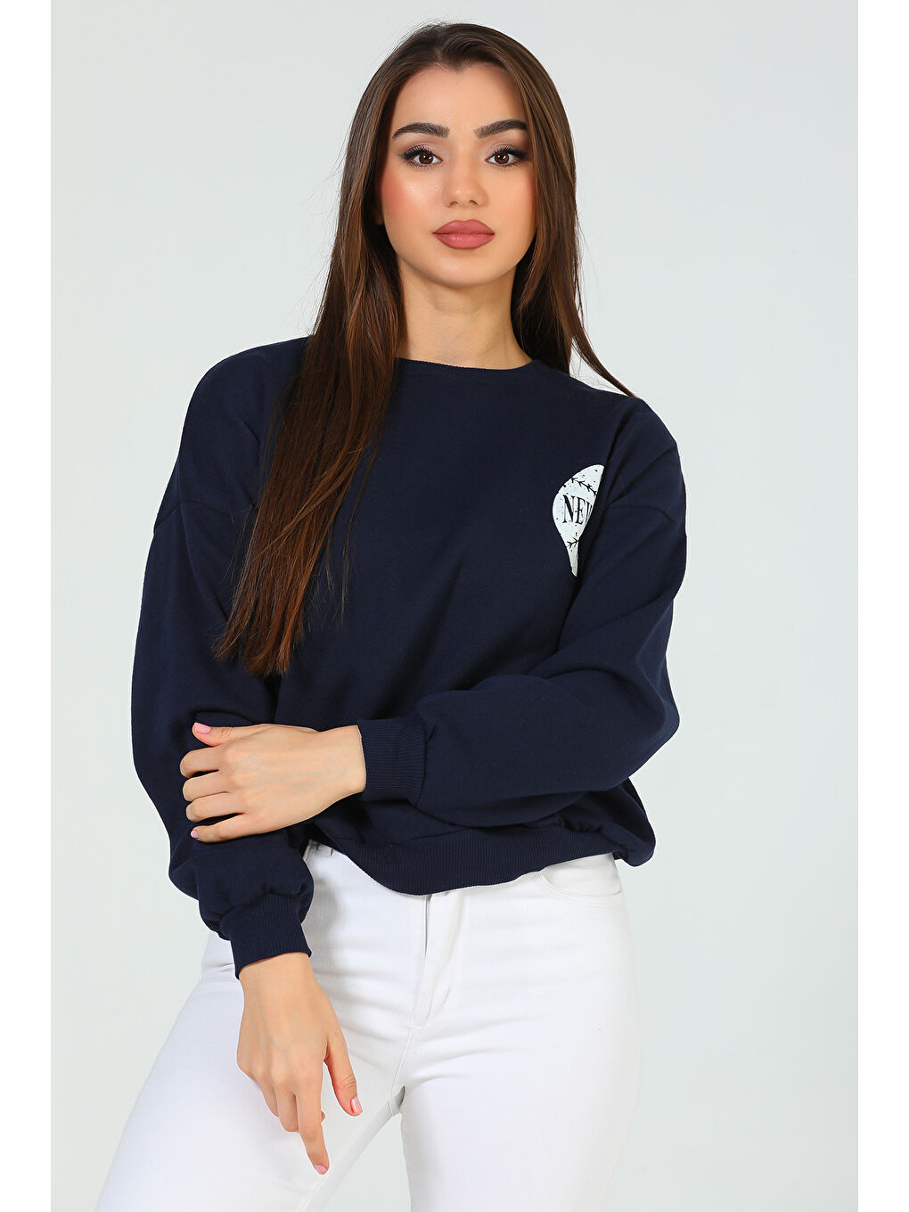 Lacivert Kadın Şardonlu Baskılı Sweatshirt-2