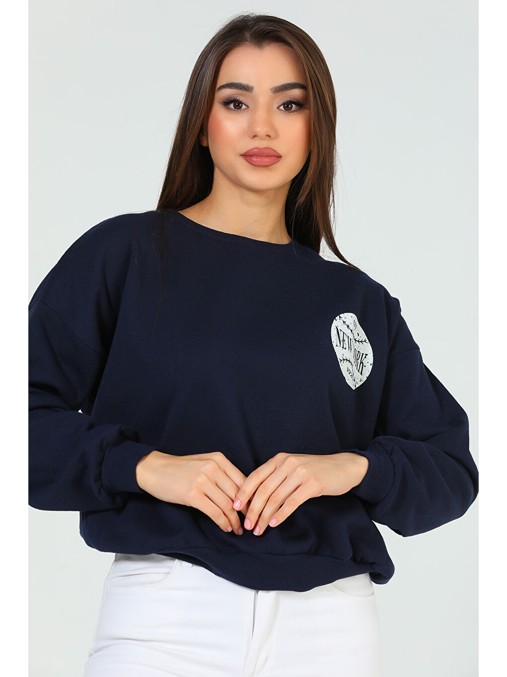 Lacivert Kadın Şardonlu Baskılı Sweatshirt-3