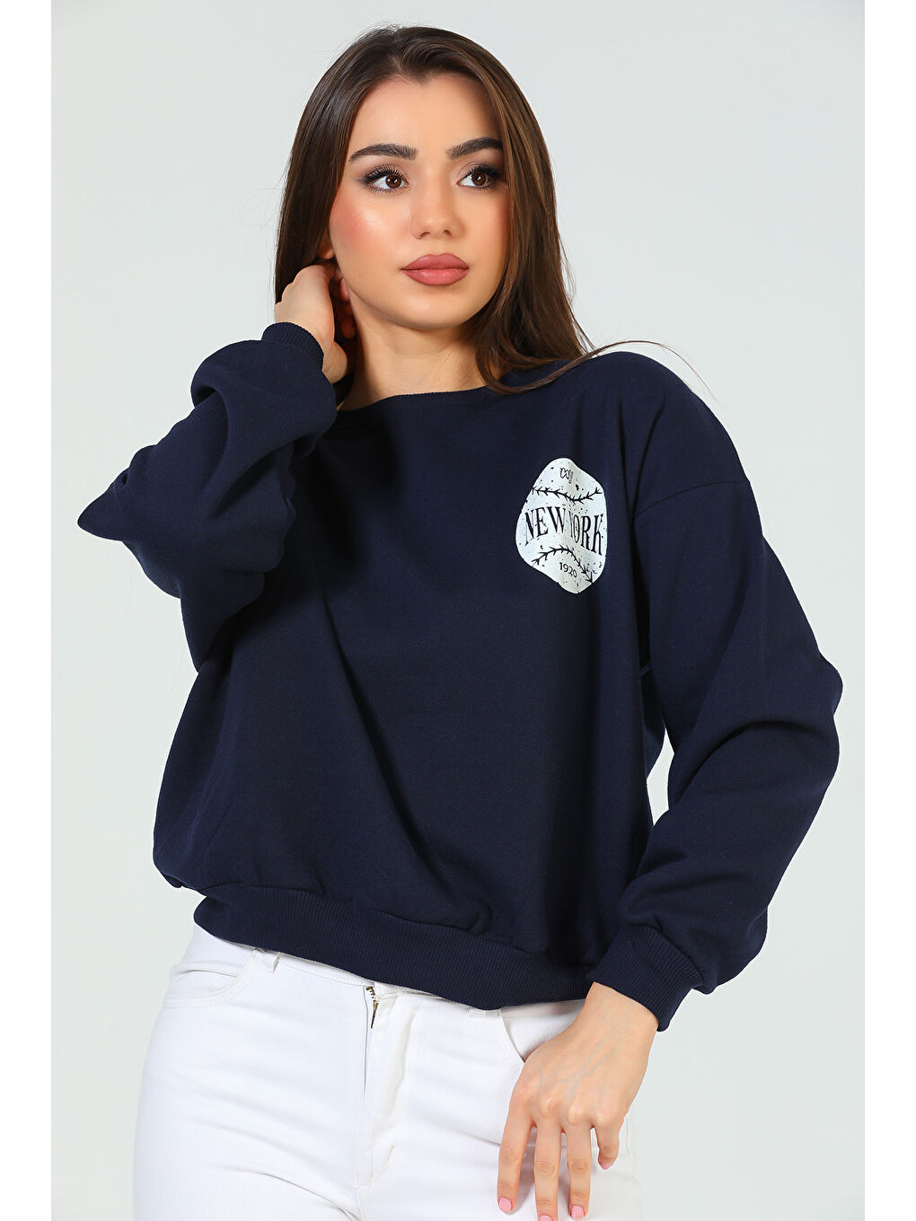 Lacivert Kadın Şardonlu Baskılı Sweatshirt-4