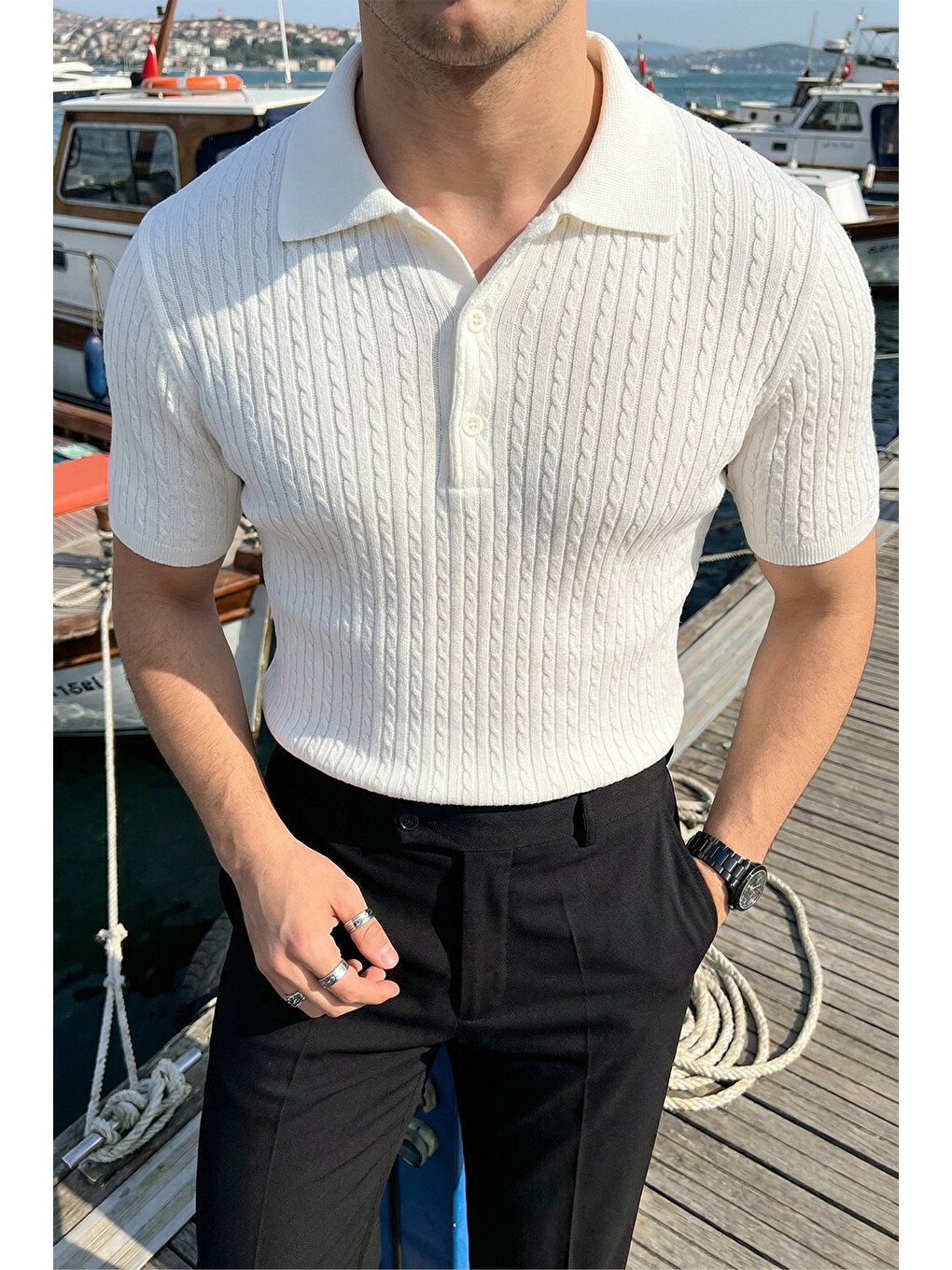 Beyaz Tangi Premium Pamuk Slim Fit Polo Yaka Erkek Triko Tişört
