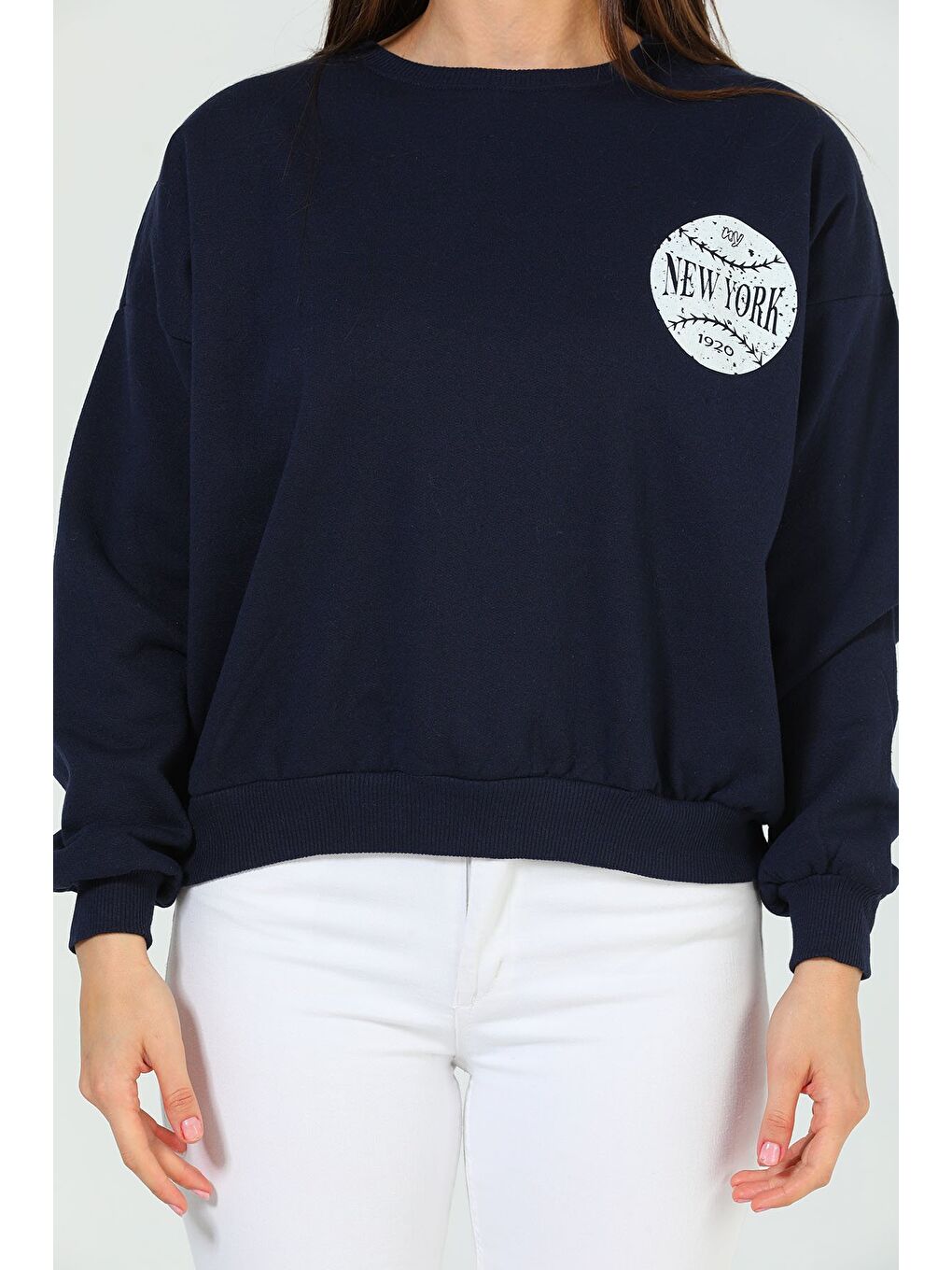 Lacivert Kadın Şardonlu Baskılı Sweatshirt-5