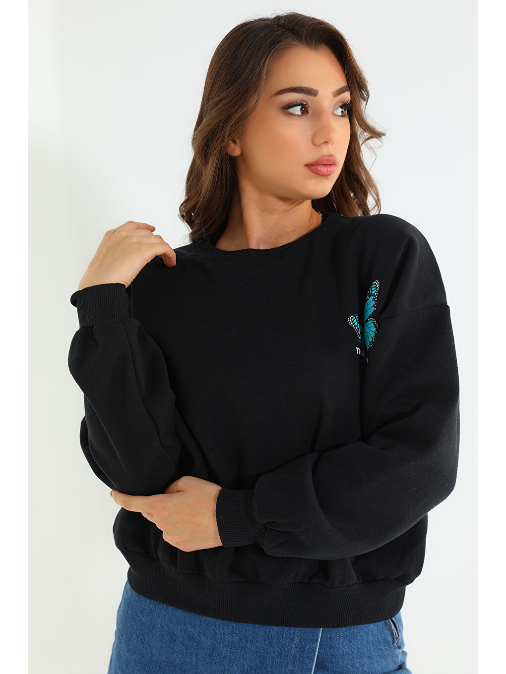 GÜLSELİ Siyah Kadın Şardonlu Salaş Sweatshirt - 3