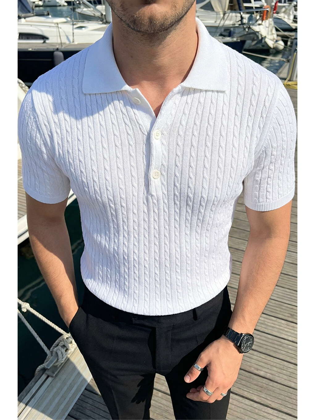 Beyaz Tangi Premium Pamuk Slim Fit Polo Yaka Erkek Triko Tişört-1