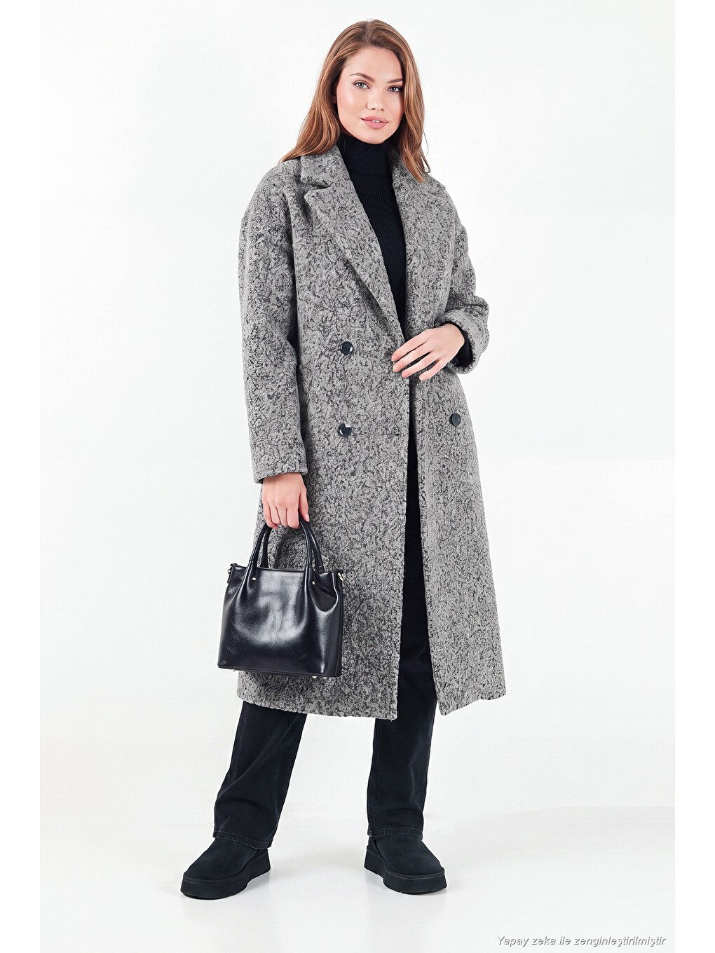 Antrasit Oversize Fit Mono Yaka Düğmeli Buklet Uzun Kadın Kaşe Kaban 6811997-1