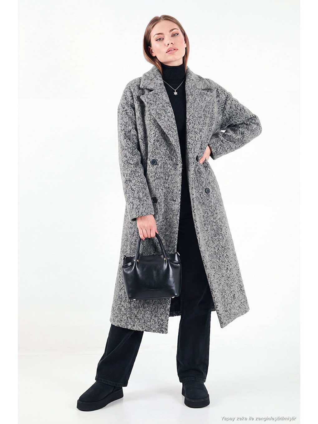 Antrasit Oversize Fit Mono Yaka Düğmeli Buklet Uzun Kadın Kaşe Kaban 6811997-2