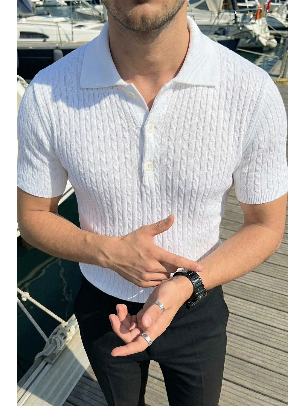 Beyaz Tangi Premium Pamuk Slim Fit Polo Yaka Erkek Triko Tişört-2