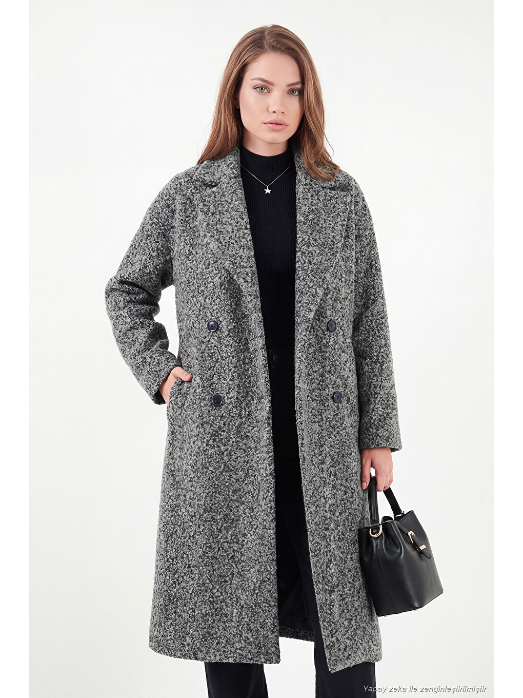 Antrasit Oversize Fit Mono Yaka Düğmeli Buklet Uzun Kadın Kaşe Kaban 6811997-3