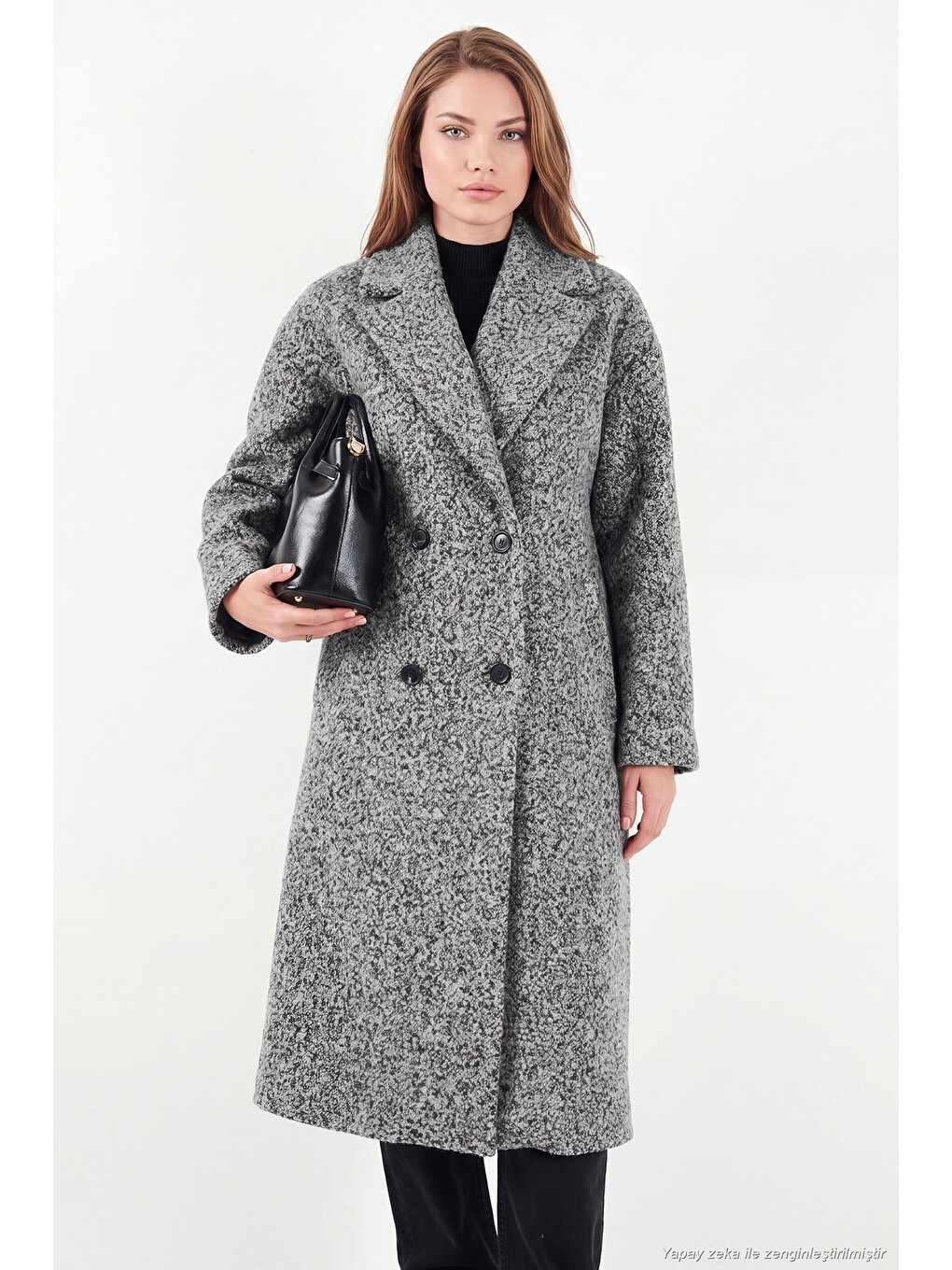 Antrasit Oversize Fit Mono Yaka Düğmeli Buklet Uzun Kadın Kaşe Kaban 6811997-4