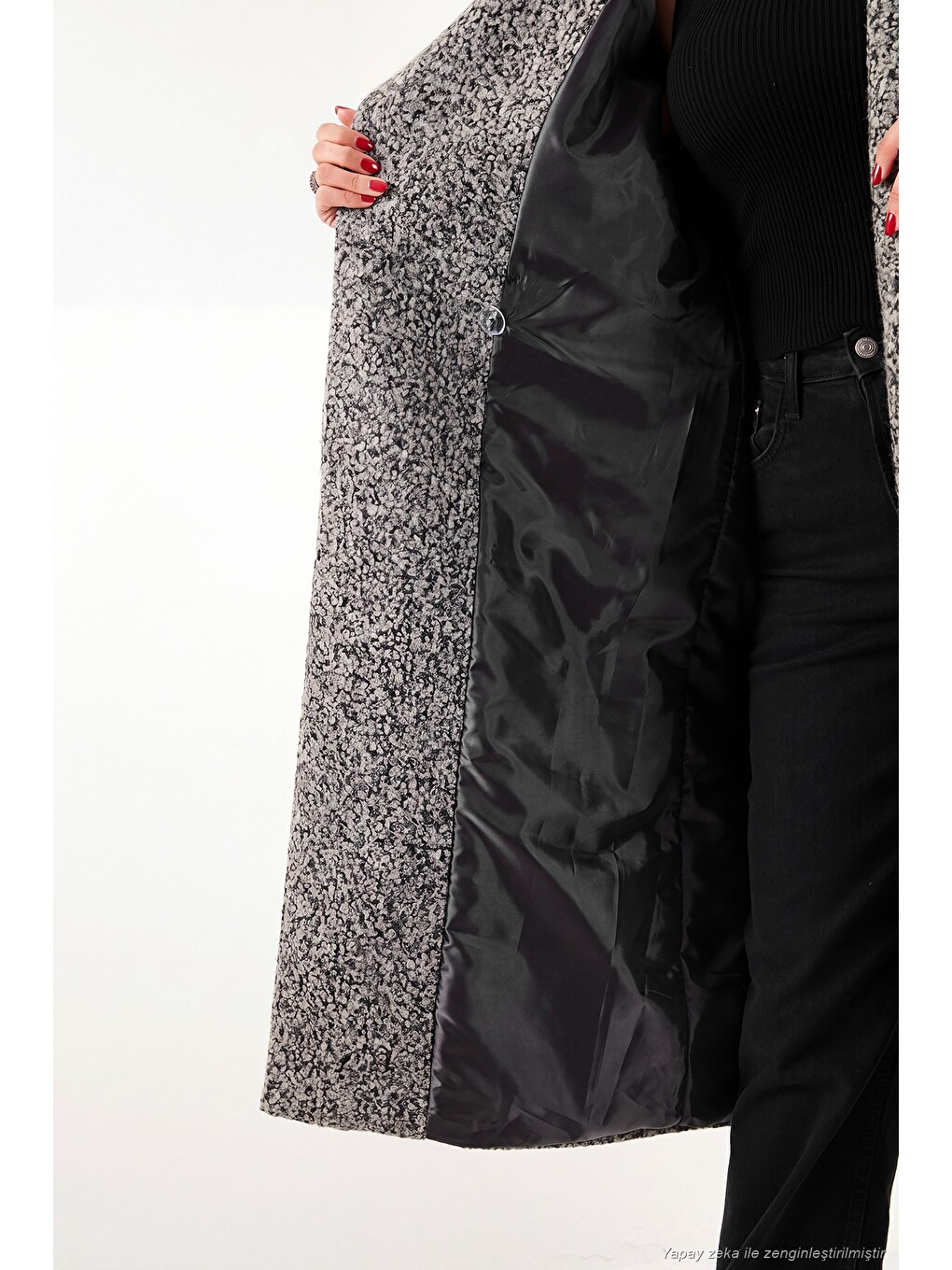 Antrasit Oversize Fit Mono Yaka Düğmeli Buklet Uzun Kadın Kaşe Kaban 6811997-5