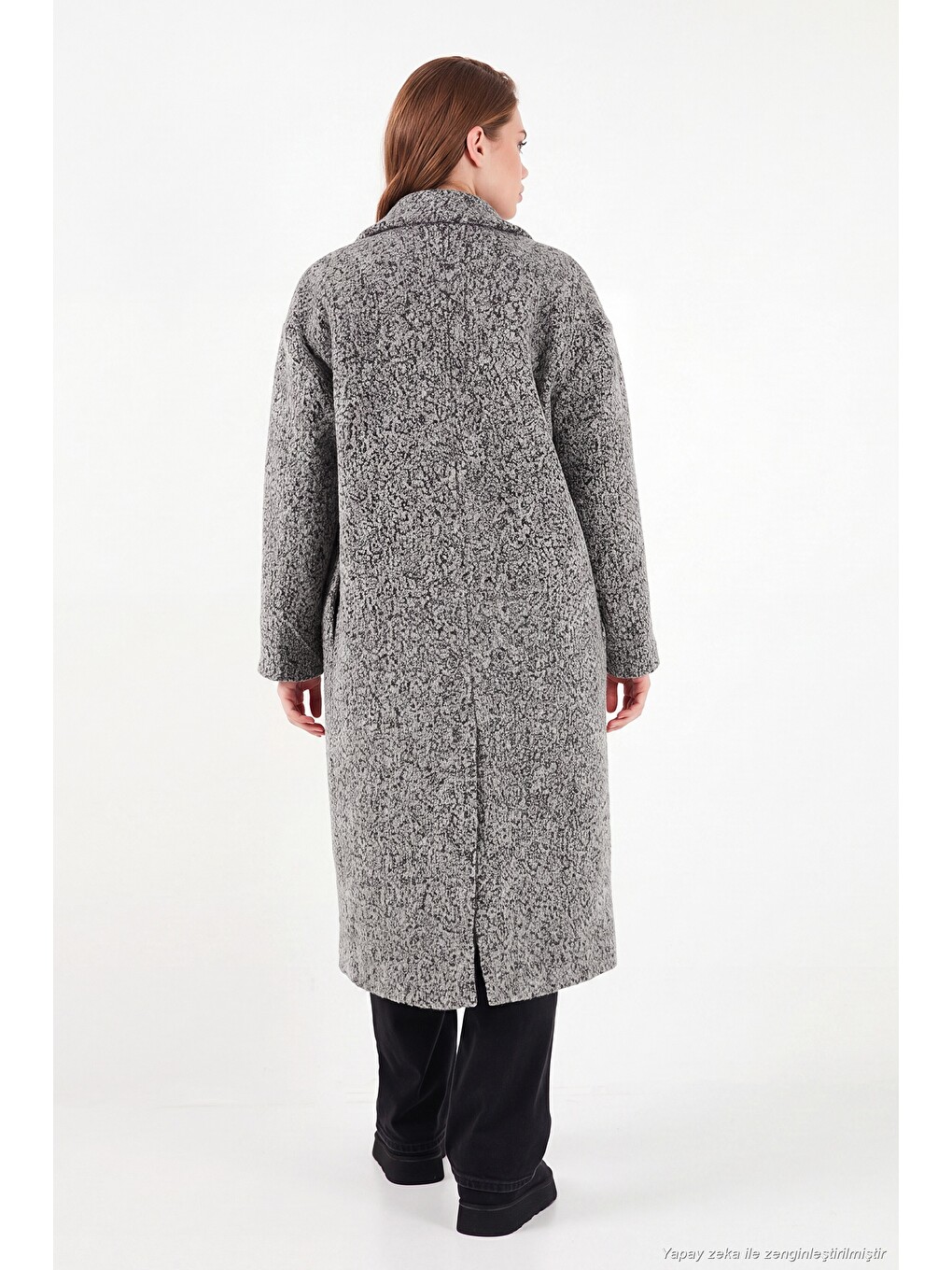 Antrasit Oversize Fit Mono Yaka Düğmeli Buklet Uzun Kadın Kaşe Kaban 6811997-6